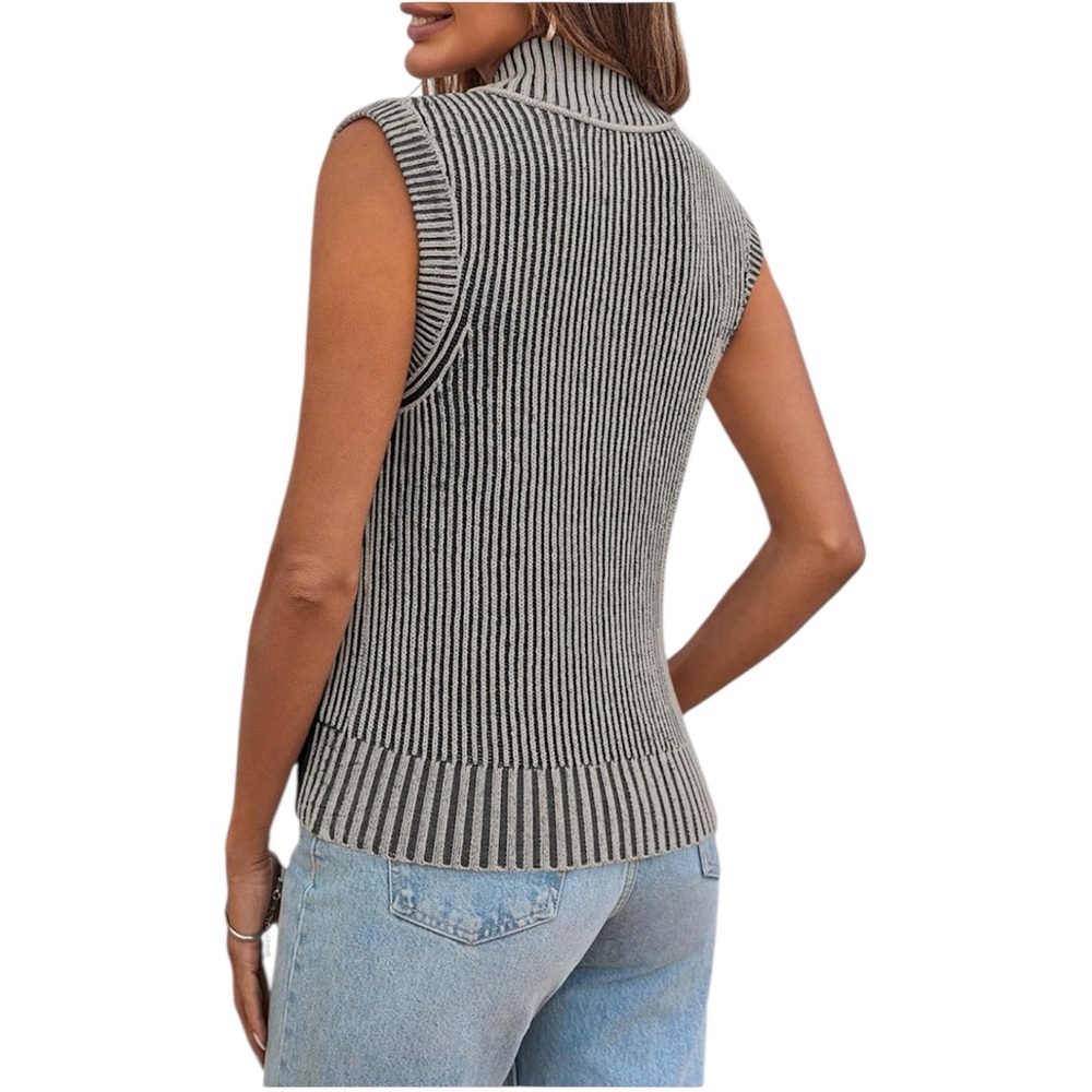 Womens Zip Up Sweater Vest Sleeveless Ribbed Knit V Neck Collared Striped Top - Picture 5 of 8
